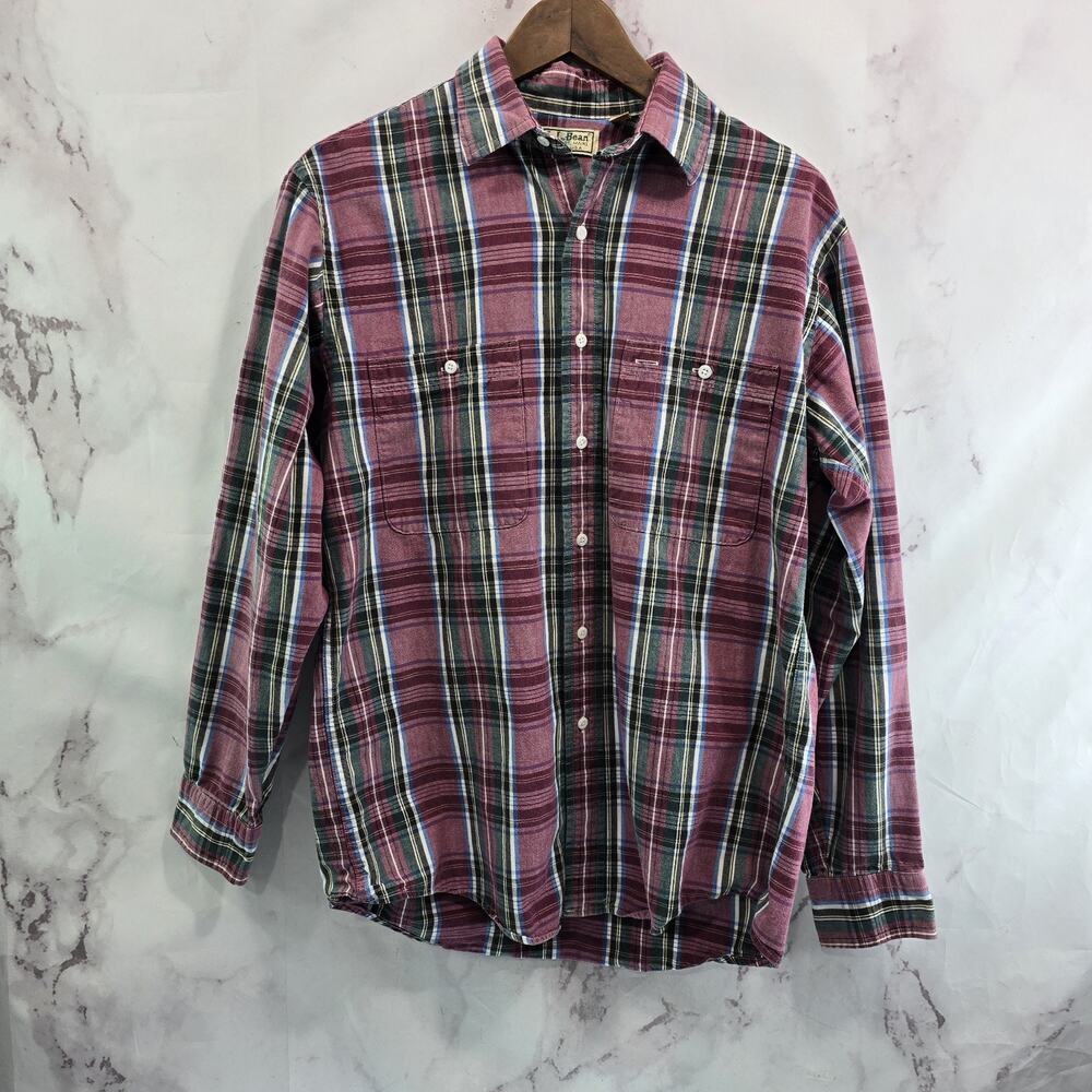 LL Bean Shirt Mens Medium Red Green Plaid Button Up Vintage 90s Long Sleeve